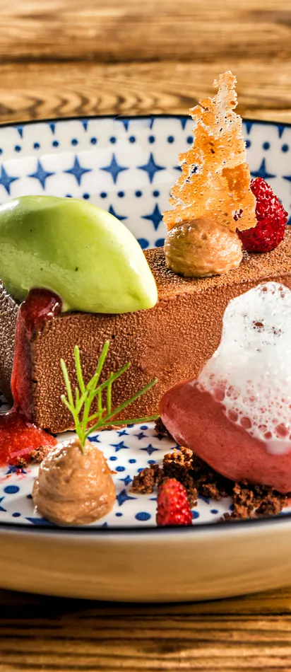 Gourmet chocolate mousse dessert with sorbet, berries, and foam on patterned plate